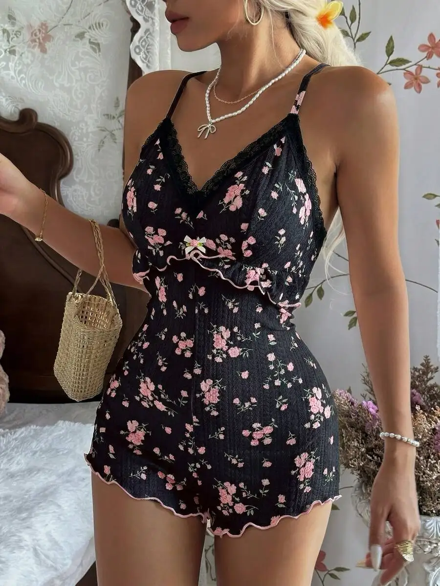 Romper Floral Print - Womens Floral Print Lace Trim V-Neck