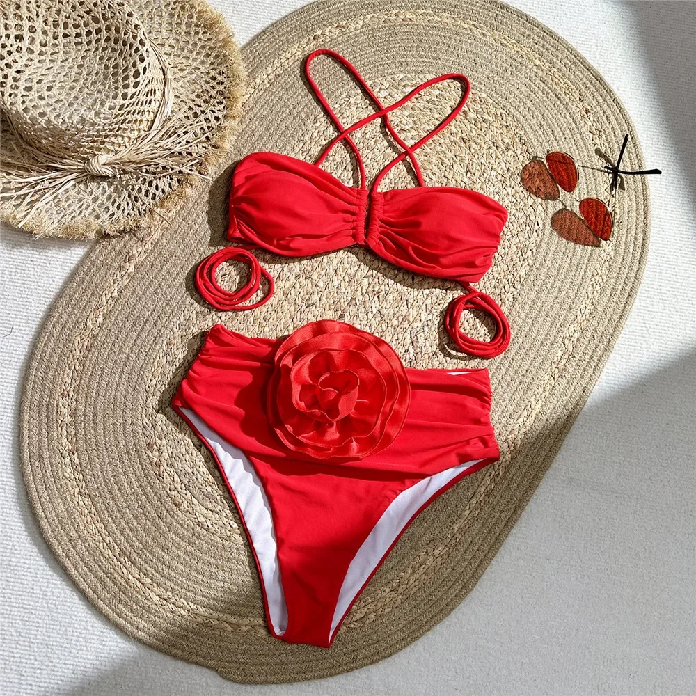 Sexy Red 3D Flower Swimwear Ha - Swimsuit Bikini Ruched avis et prix