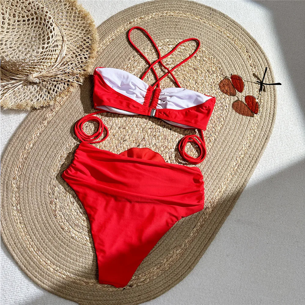 Sexy Red 3D Flower Swimwear Ha - Swimsuit Bikini Ruched avis et prix