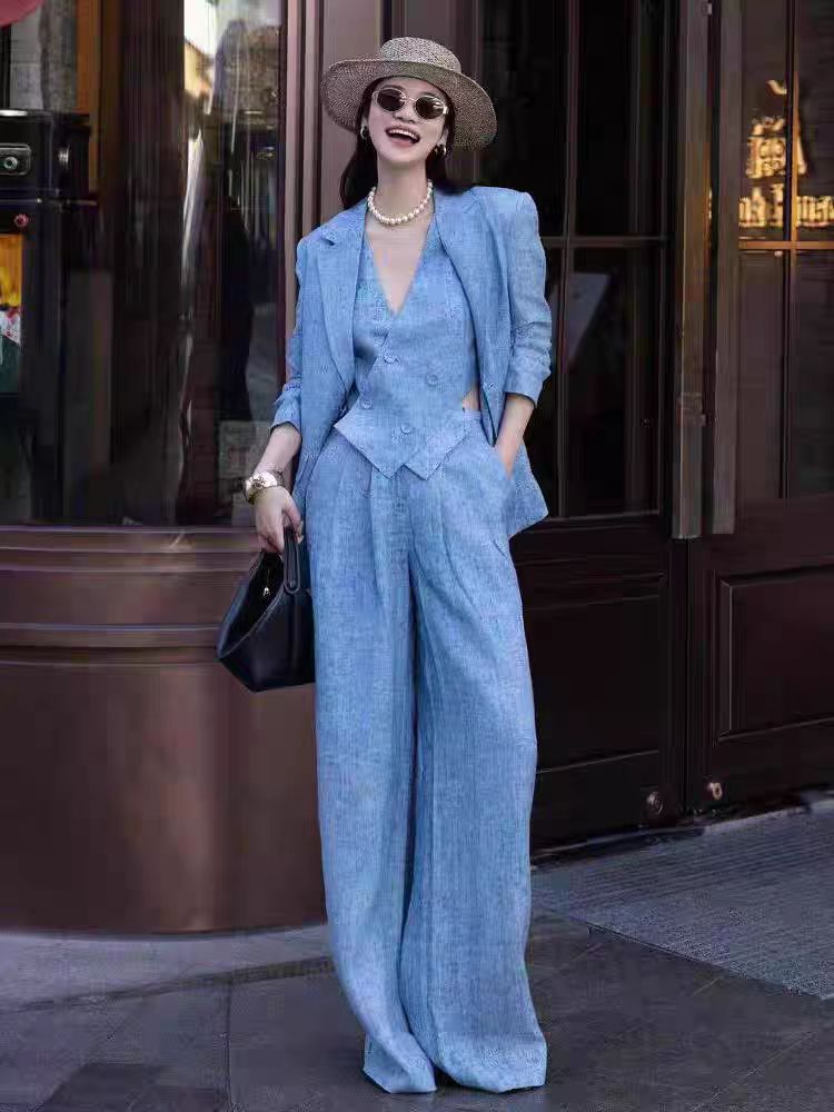 Blue Linen Fashion Set Women's - Linen Pant Wide avis et prix