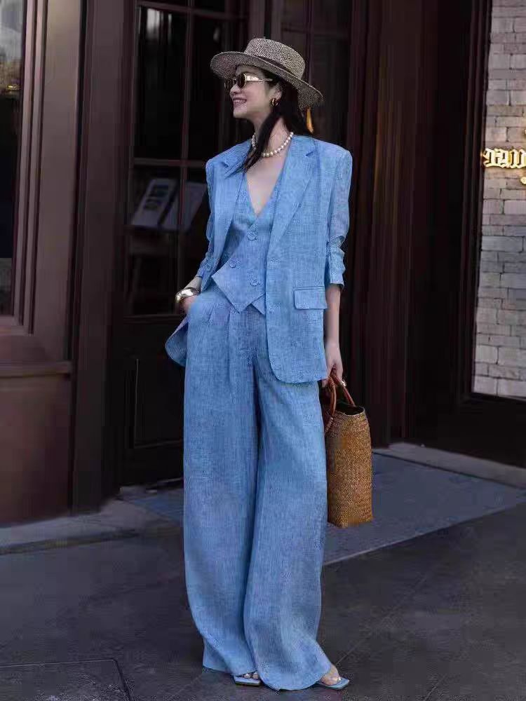 Blue Linen Fashion Set Women's - Linen Pant Wide avis et prix