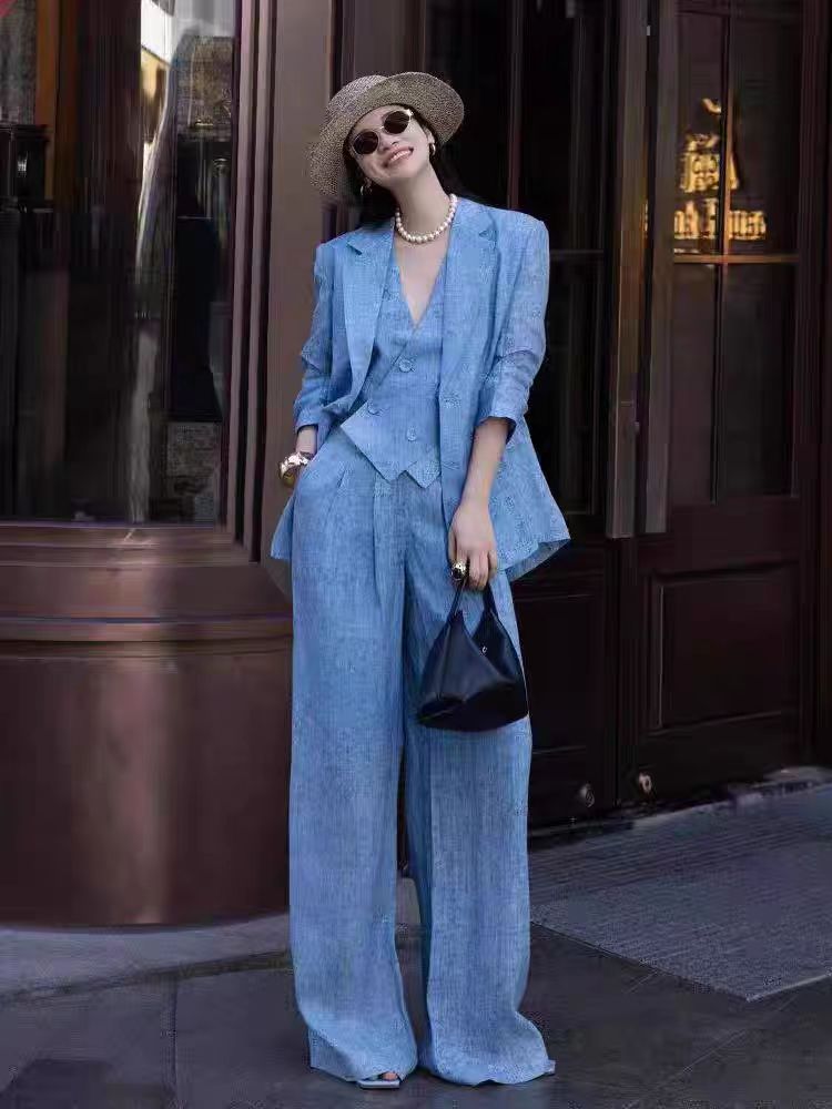 Blue Linen Fashion Set Women's - Linen Pant Wide avis et prix