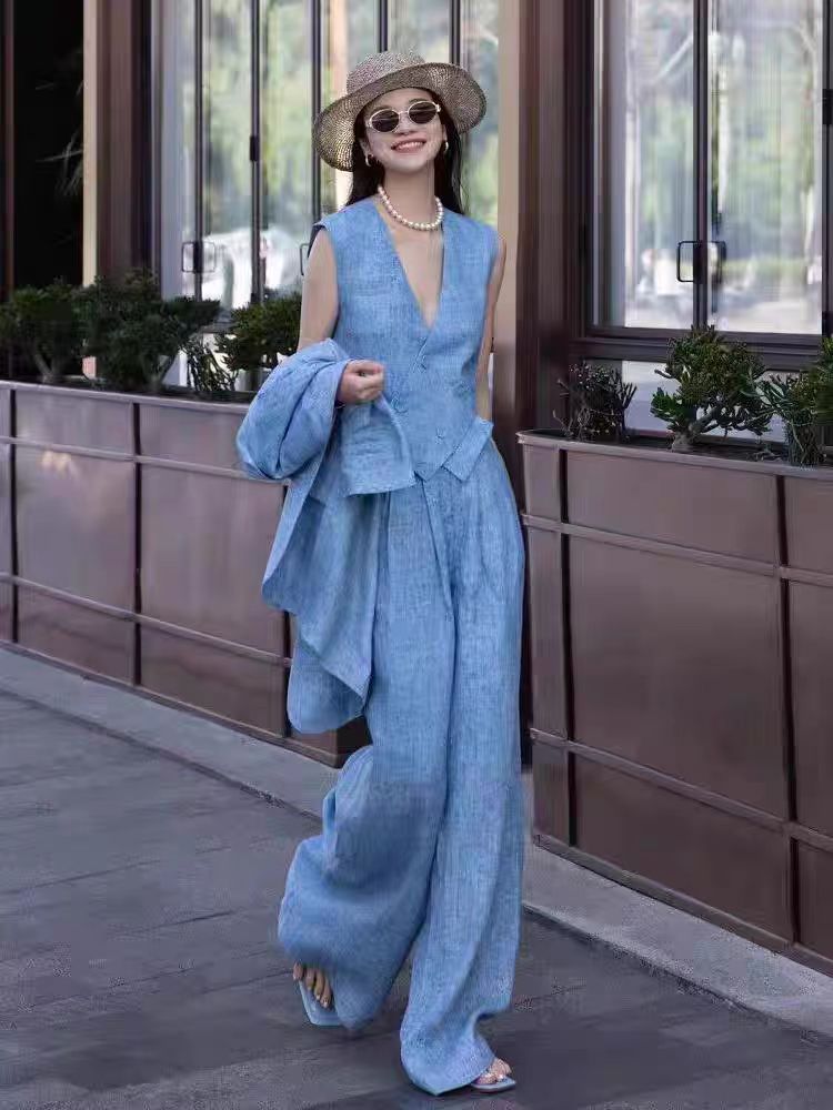 Blue Linen Fashion Set Women's - Linen Pant Wide avis et prix